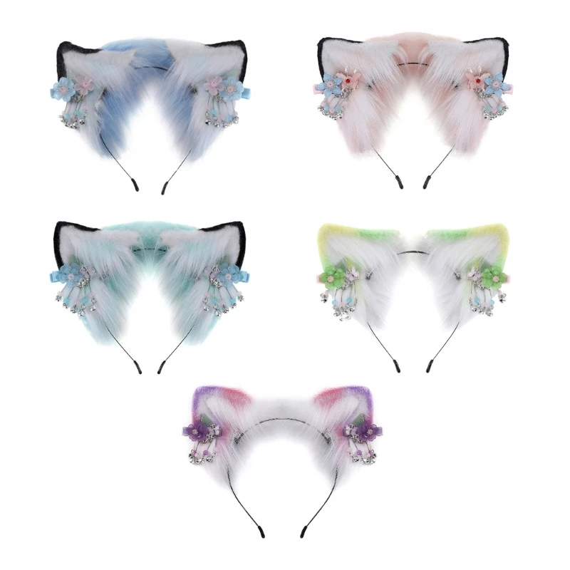 

Cartoon Wolf Ear Hair Hoop with Dangle Flower Decor Hair Holder Party Headwear
