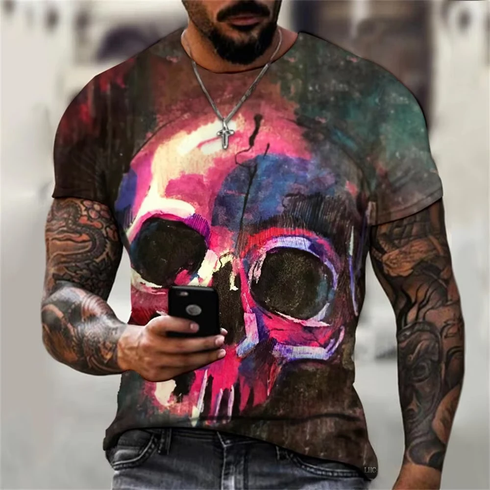 Men's Casual T-Shirt, Gothic Skull Heart Hands Graphic Black Short Sleeve Crew Men Tee Cool Streetwear Halloween Fashion T-shirt