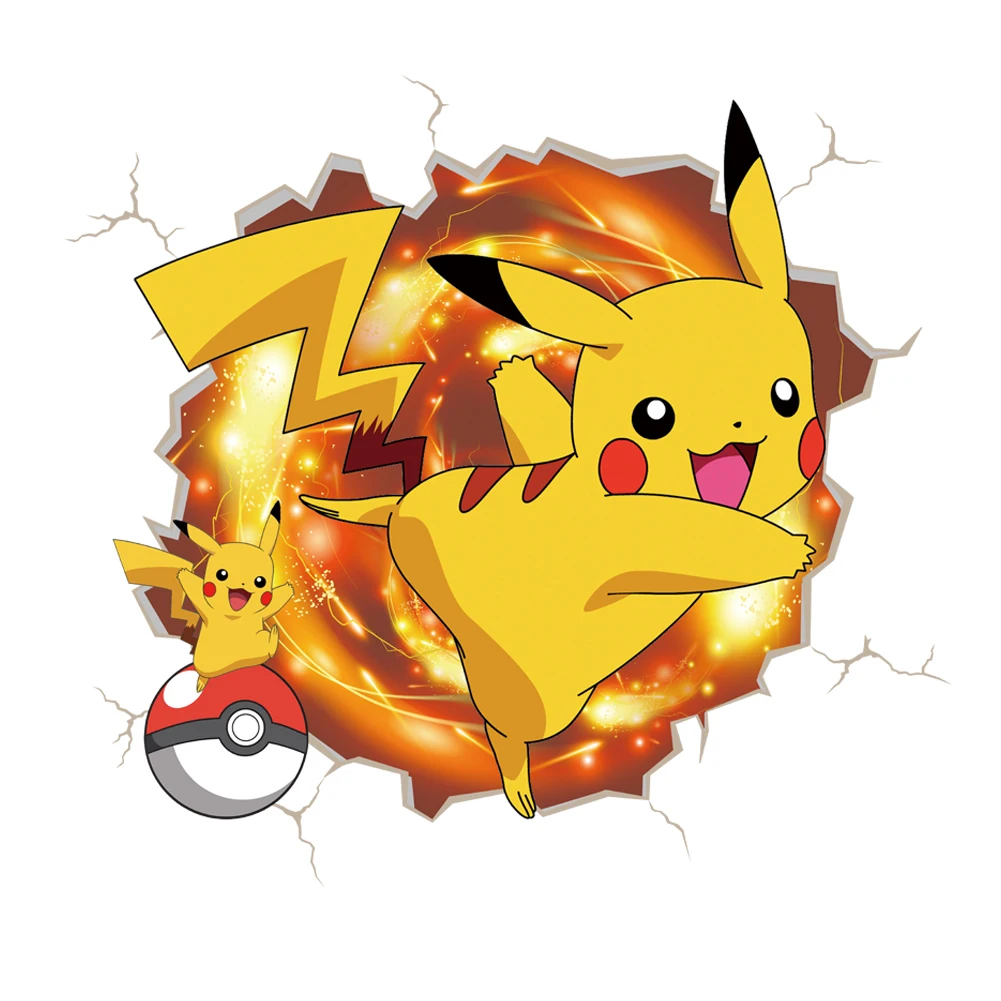 3D Broken Wall Cartoon Pikachu Wall Sticker For Kids Room Living Room Kindergarten Decoration Gifts For Kids Movie Poster