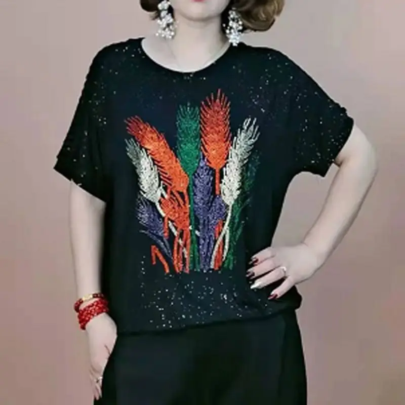

2023 Spring Summer Short Sleeve O Neck Pullover Loose Printing Floral Animal Diamonds Casual Lively Korean T-shirts for Women