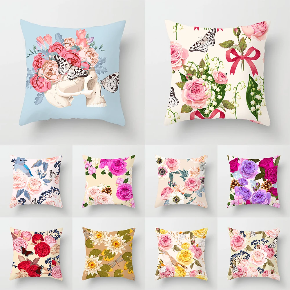 

Nordic Rose Flower Print Pattern Cushion Cover Home Living Room Sofa Decoration Square Pillow 45x45cm