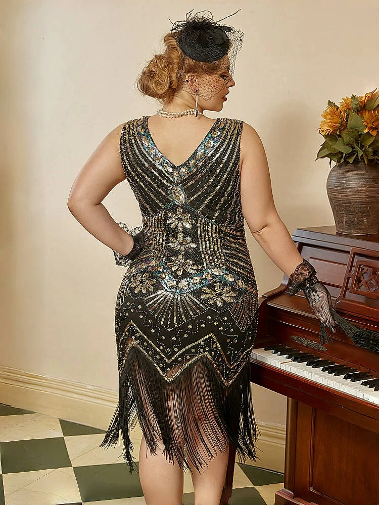 Women 1920s Vintage Great Gatsby Dress Double V-Neck Sleeveless