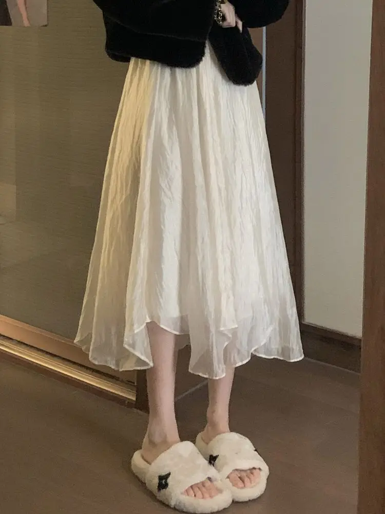 Jupe,jupe longue plissée en Tulle pour femmes, mode coréenne, esthétique rayée imprimée, ligne A