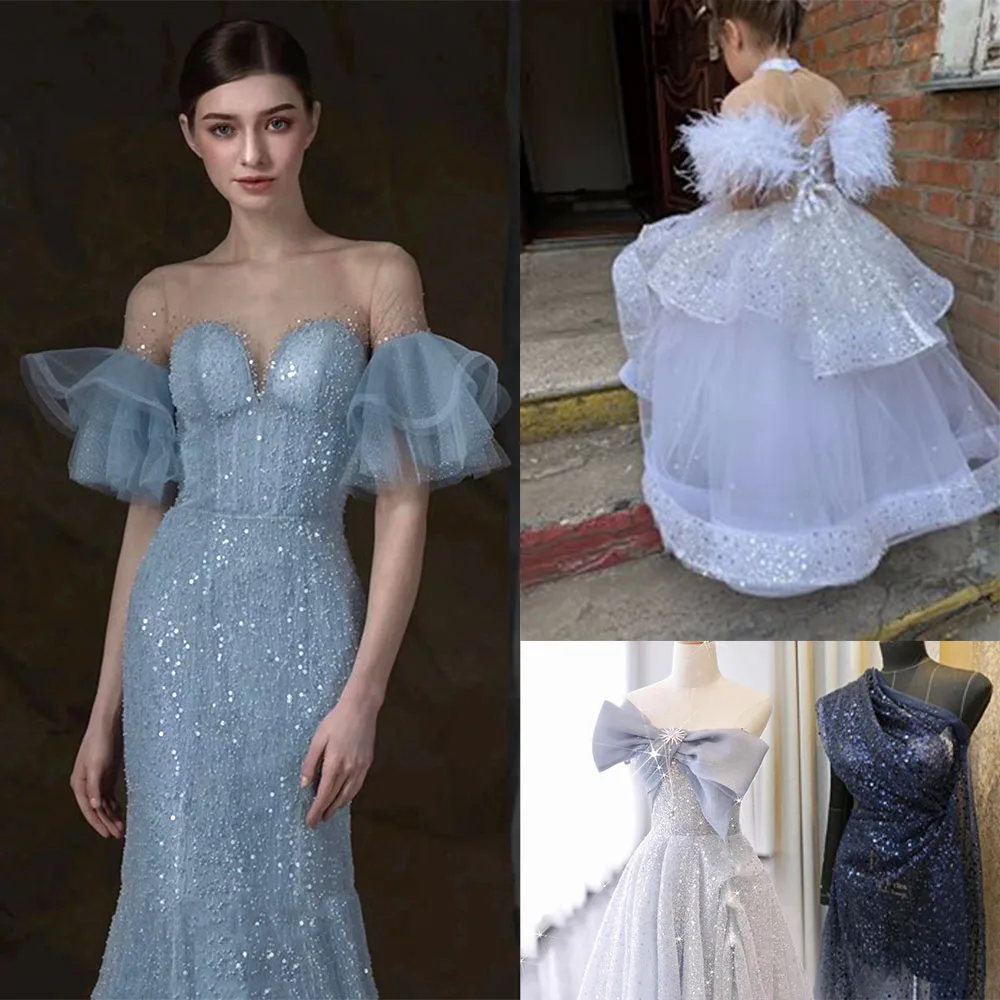 1 Yard New Mesh Embroidery Pearl Sequins Lace Fabric Bead Embellishment Tull DIY Cloth For Sewing Shiny Evening Dress Girl Skirt