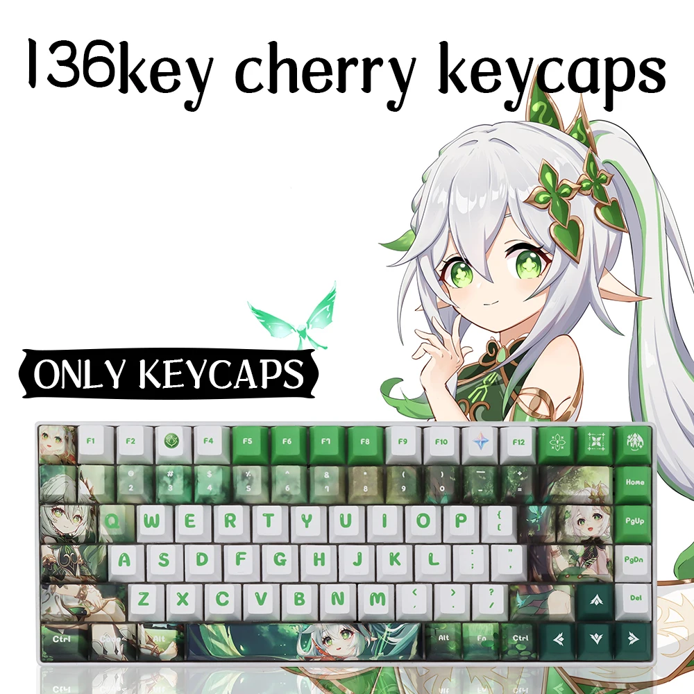 

Genshin Impact Nahida Keycap PBT 136pcs Cherry Profile Green White Keycaps Personality Mechanical Keyboard Dye Sub