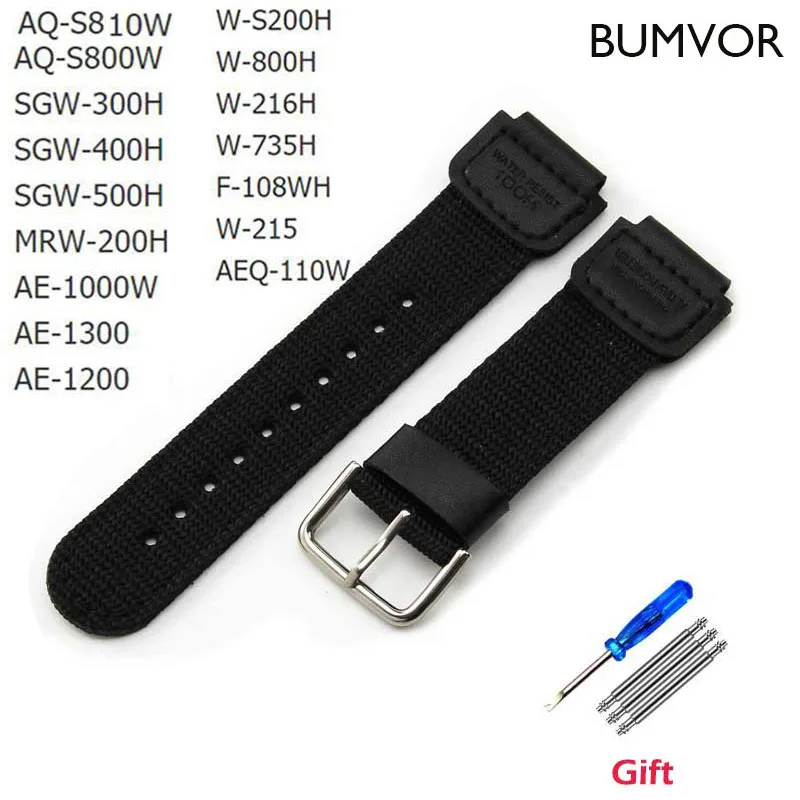 Cinturino Per Cinturino In Nylon Nero Verde Da 18Mm Adatto Per Casio G Shock W-S200H W-800H W-216H W-735H F-108Wh W-215 Aeq-110W /Sgw-300H/400H