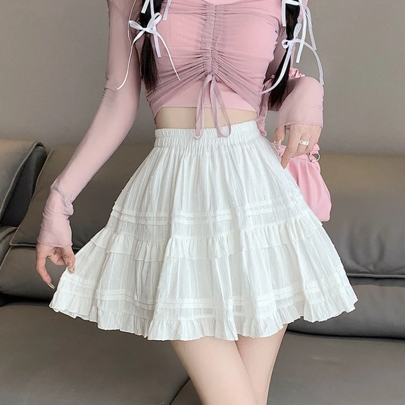 

White Japanese Kawaii Cake Skirts Women Hight Waist Elegant Party Mini Skirts Female Solid Korean Sweet Lolita Skirt Summer 2023