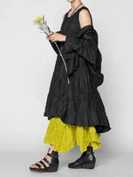 Women Summer Cake Dress Casual Round Neck Sleeveless Fake Two Pieces Gathered Indie Folk Patchwork Loose Maxi Dress Plus Size - Image 2