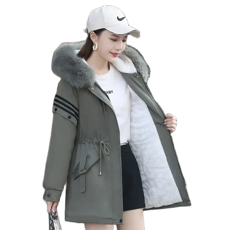 

2022 Winter New Parka Women's Coat Fur Collar Thick Flecce Padded Jackets Stripe Slim Lacing Warm Fashion Outwear Female Z169