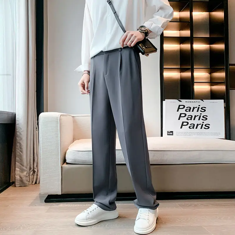Spring Summer Solid Color Men's Business Pants Classic Pockets Loose Straight Cylinder Casual Zipper Button Male Trousers