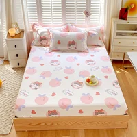 Kawaii Girls Pink Peach Print Fitted Sheet with Deep Pocket Twin Size 3PCS Cotton Lovely Cartoon Fruit Bed Sheet Set Room Decor 1