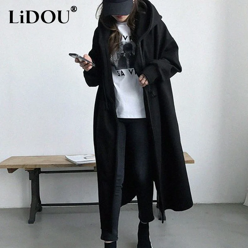 Autumn Winter New Solid Color Fashion Long Sleeve Hooded Trench Women High Street Y2K Casual Zipper Pockets Loose Long Outwear