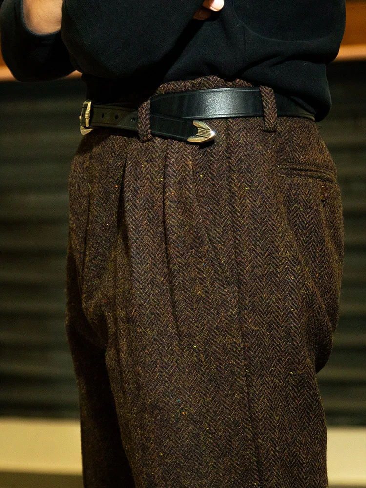 American retro Hollywood waist casual pants Harris style tweed loose  fitting straight leg pants Old style suit pants