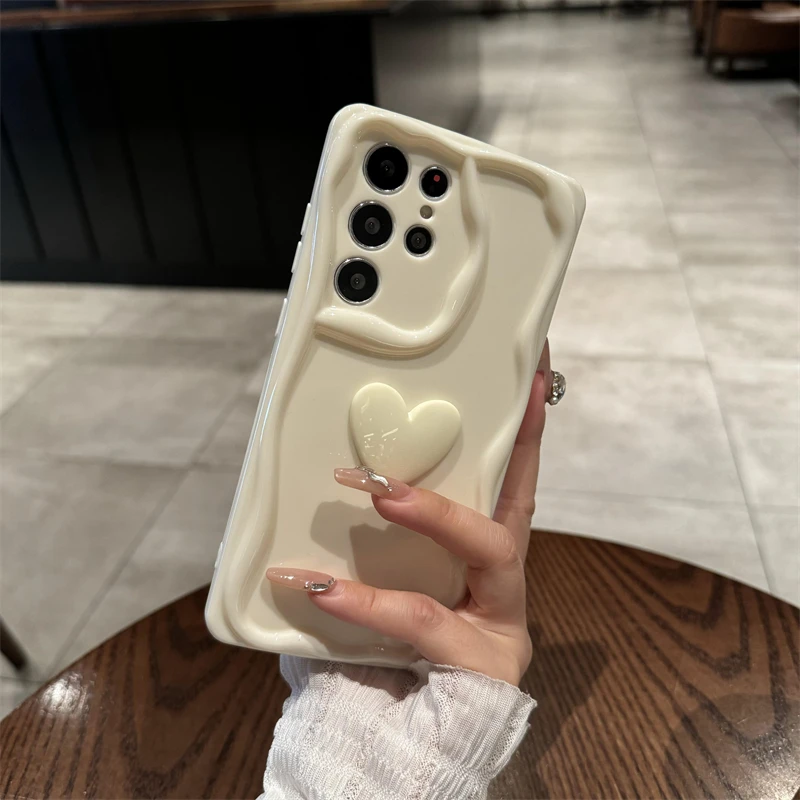 INS 3D Love Heart Silicone Soft Case For Samsung S24 S23 S22 Ultra A54 A53 A52 A50 A73 A33 A14 Simple Fashion Solid Color Cover_voghion.com