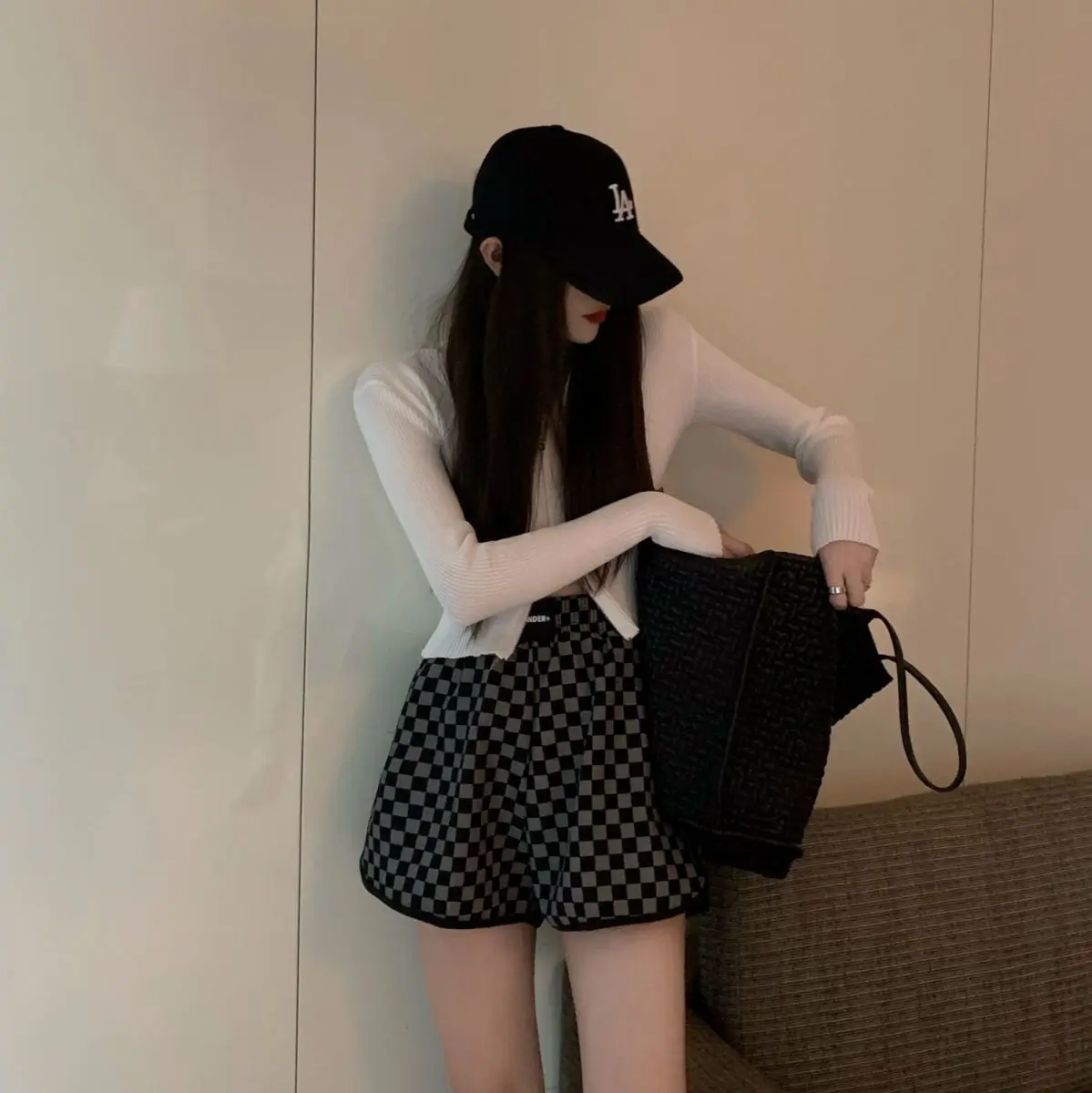bike shorts women Casual pants women's new checkerboard high waist slim sports shorts fashion dress
