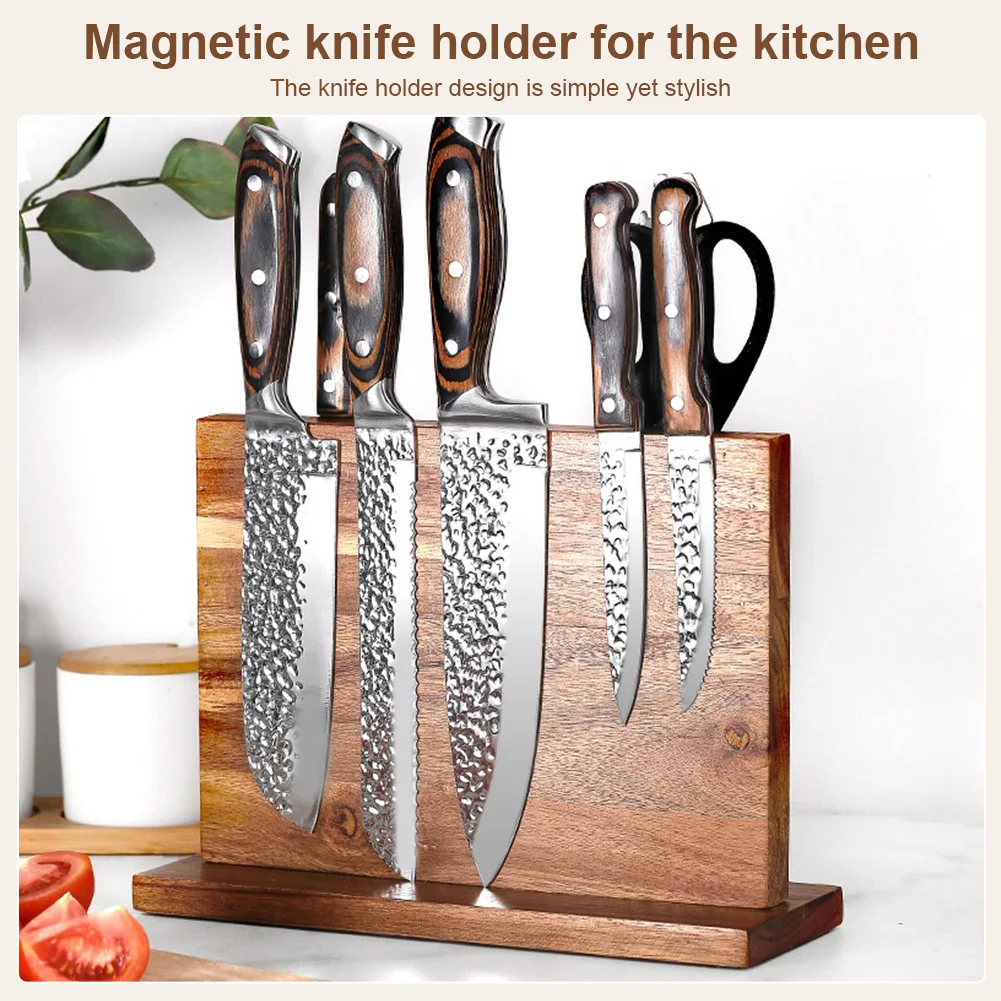 Magnetic Wooden Knife Block Double-Sided Solid Wood Knife Holder Stand with Strong Enhanced Magnets Can Hold Multiple Knives