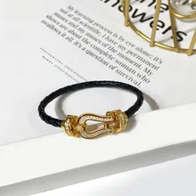  European and American fashion woven horseshoe buckle with zircon U-shaped magnetic buckle for men and women's leather bracelet 