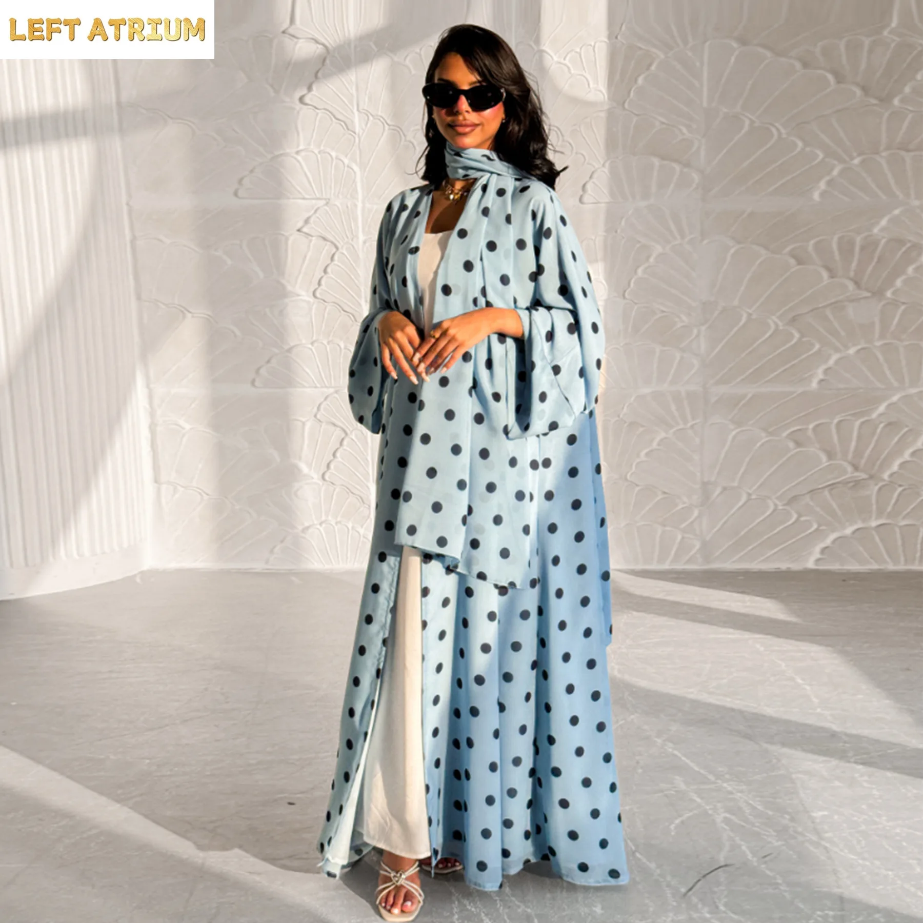 Dubai Polka Dot Kimono Cardigan Robe Headscarf Set Muslim Dress Women Islam Clothing Ramadan Eid Open Abaya Turkey Kaftan Abayas 6