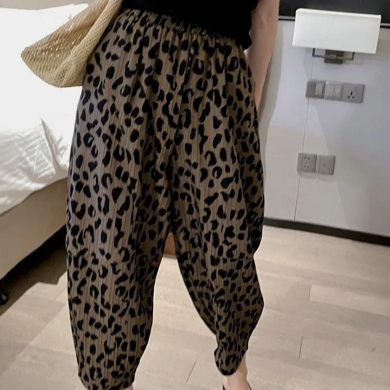 Women's 2024 Summer New Patchwork High Waited Elasticized Pocket Leopard Loose Elegant Casual 9-point Harlan Carrot Pants