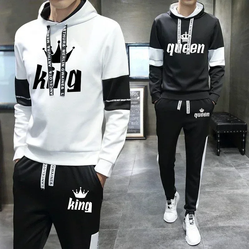 

2023 Couple King Queen Printed Sports Suit Tracksuit Warm Hoodies + Pants 2PCS Fleece Outfits Men Women Outdoor Jogging Clothing