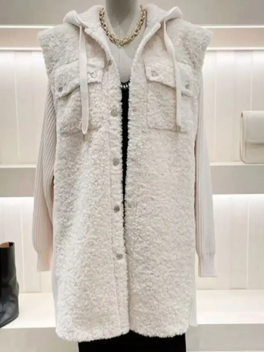 

Women Coat 2023 New Lambs Wool Patchwork Single Breasted Long Sleeve Vintage Hooded Knitted Mid-Length Jacket