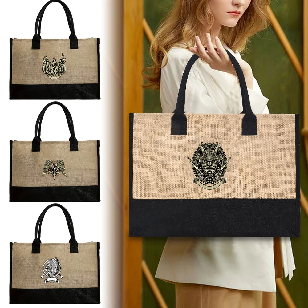 

Tote Bags Women Linen Shopper Large Summer Beach Shopping Handbags Portable Eco Jute Bag 2024 Printing Skull Series