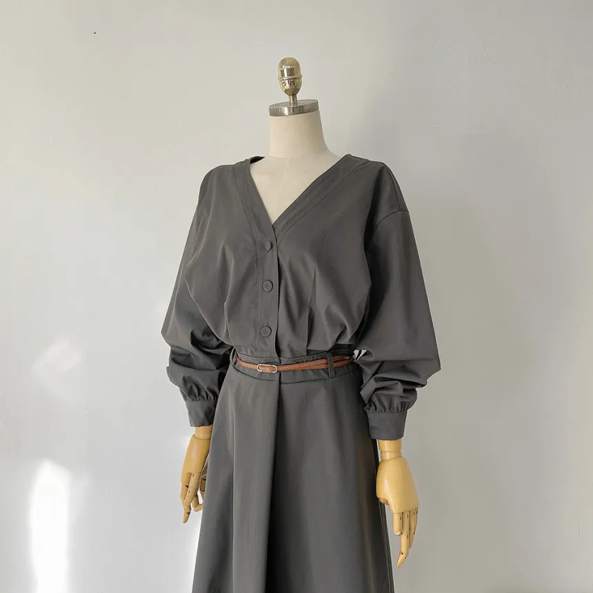 Korean Fashion V-neck Midi Dresses for Women with Belt Long Sleeve A-line Office Lady Autumn New Elegant Solid Female Clothing