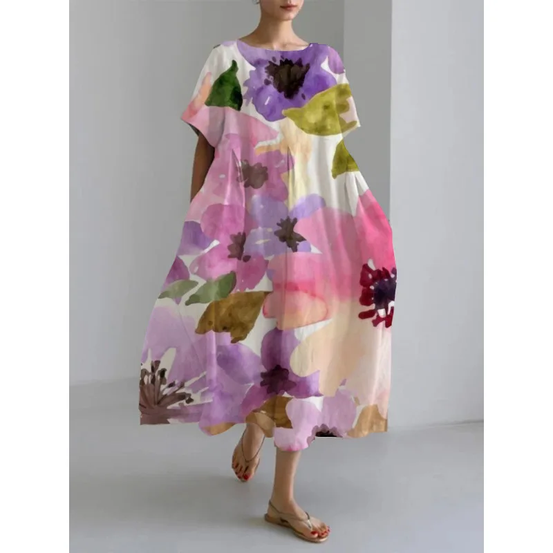 Loose Flower Print Dress for Women Summer Fashion Casual Streetwear Short Sleeved O-neck Swing Skirt Dress Female Party Vestidos