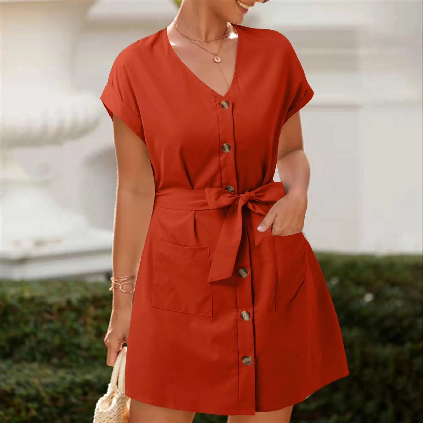 

2024 Summer Women Dress Fashion Casual V Neck Short Sleeve Solid Dress Frenulum Tunic Slim Fit Female Elegant Dress With Button