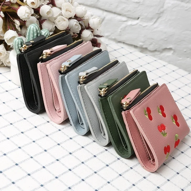 Vertical Buckle, Cherry Embroidery, Short Trend, Small Money Clip, New Student Minimalist and Fashionable Wallet
