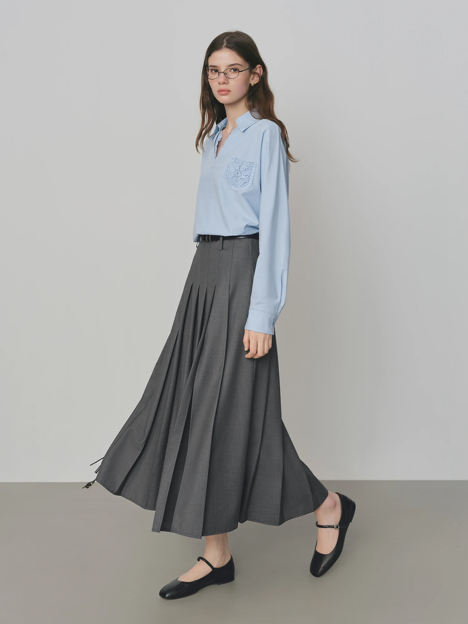 FSLE College Style Gray Retro Pleated Skirt For Women Autumn