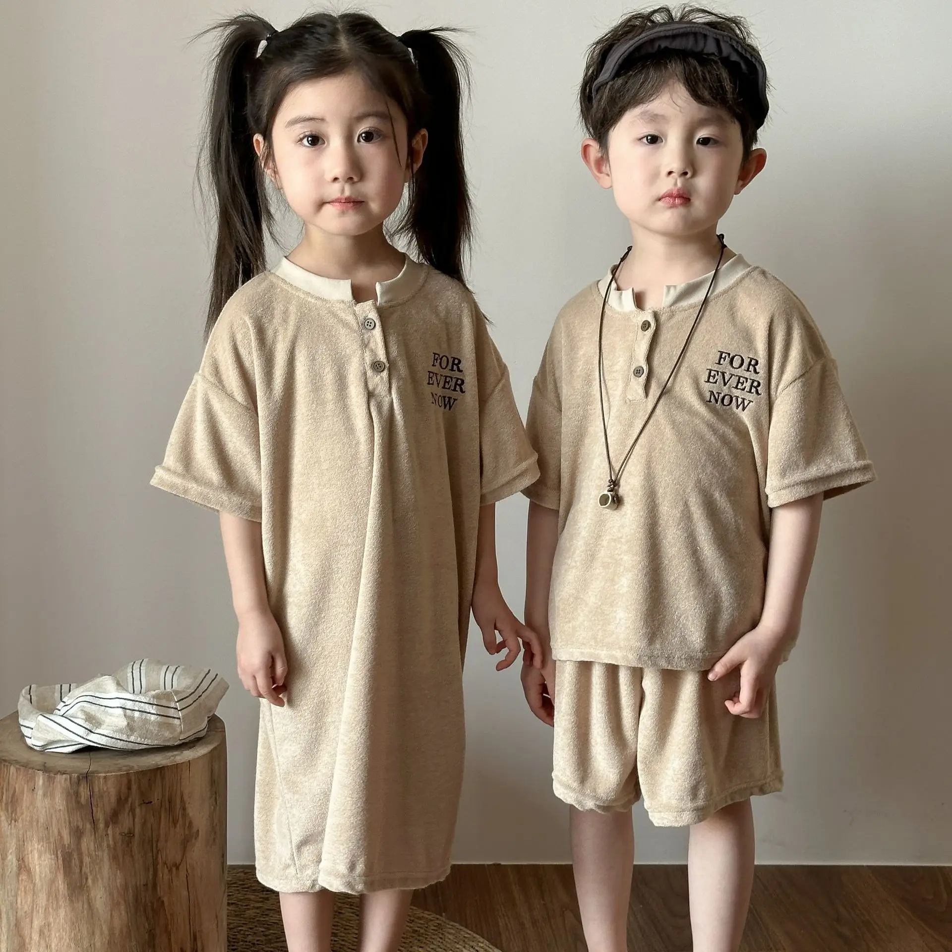 Brother And Sister Summer Korean Leisure Boy Suit T Shirt + short Or Baby Girl Short Sleeve Dress