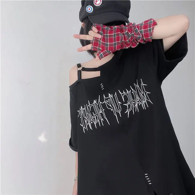 ꒰ঌダークコア　バック十字架カットソー　マリアT grunge Y2K໒꒱ ︎ Y2k T-Shirt Cartont Short-Sleeved T-Shirt Women's Harajuku