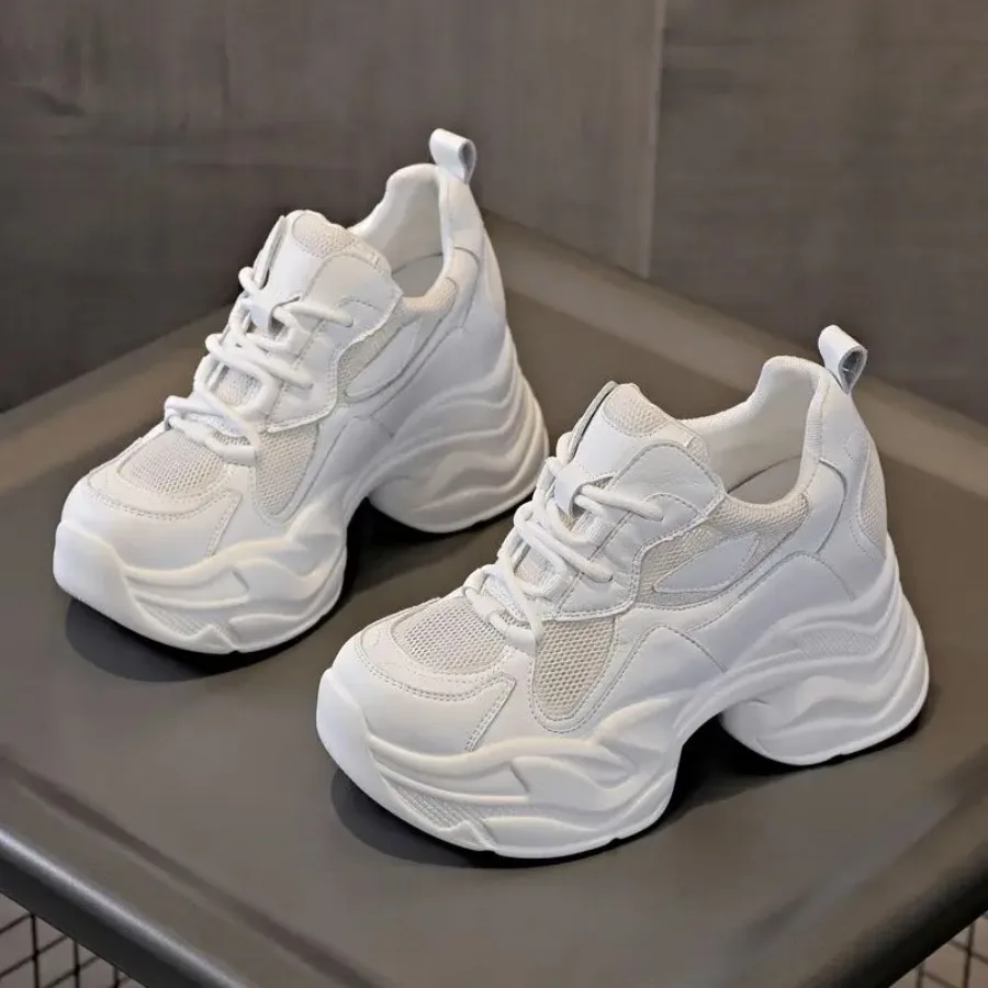 

Krasovki 9cm Air Mesh Genuine Leather Platform Women Summer Hollow Walking Fashion Chunky Sneakers Shoes Breathable Vulcanize