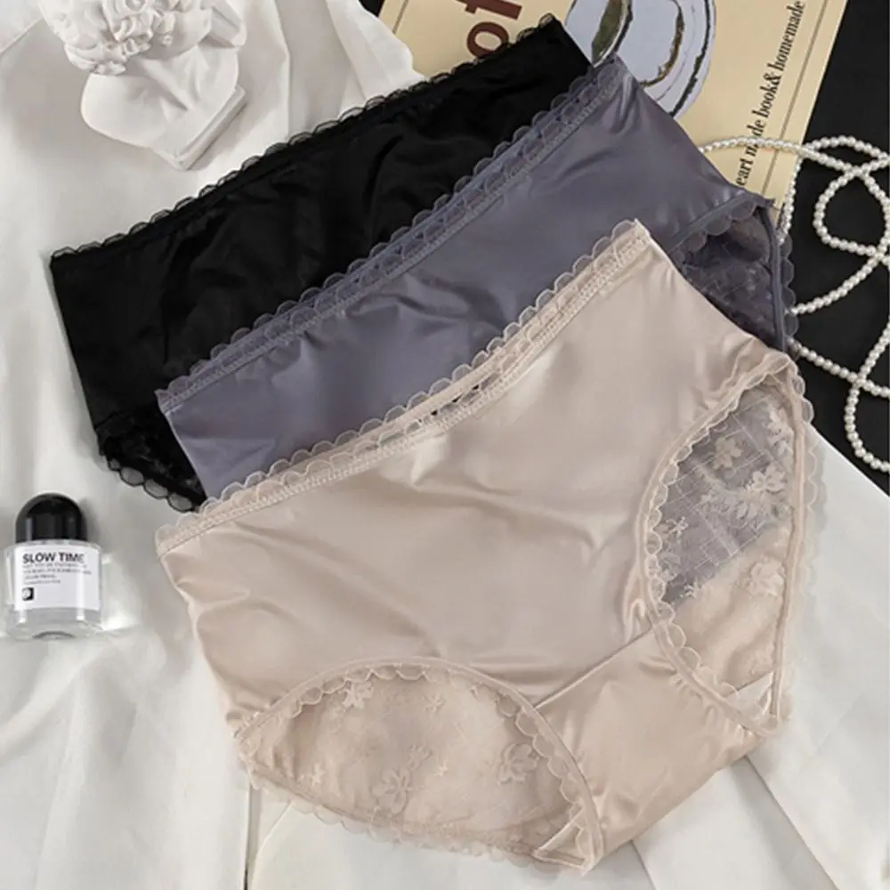 

Women's Underwear Satin Panties Soft Lace Panties Mid Waist Seamless Hollow Out Underpants Fashion Flower Comfortable Briefs