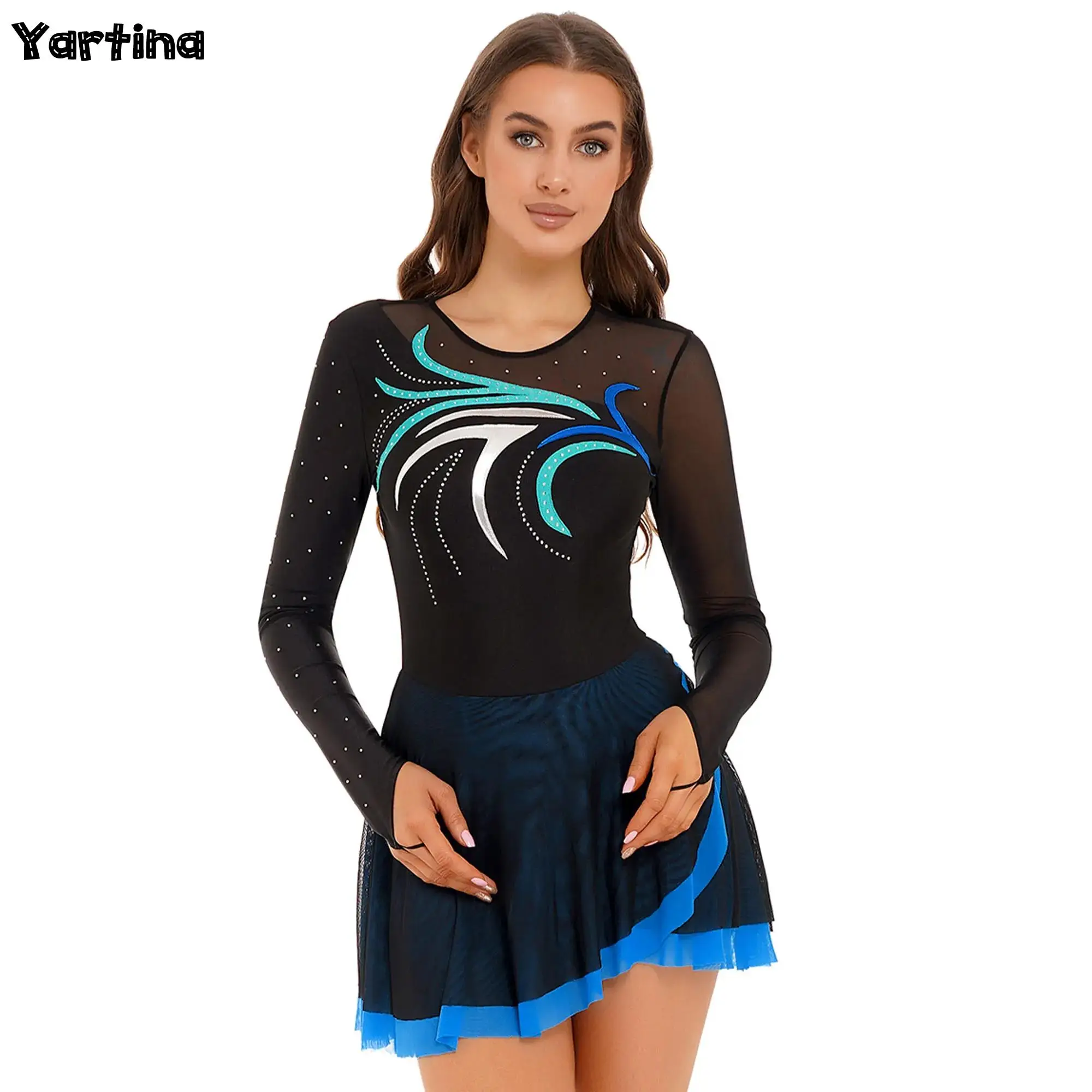 

Womens Ballet Lyrical Dance Performance Costume Glitter Rhinestone Sheer Mesh Dress Long Sleeve Figure Skating Dresses Dancewear