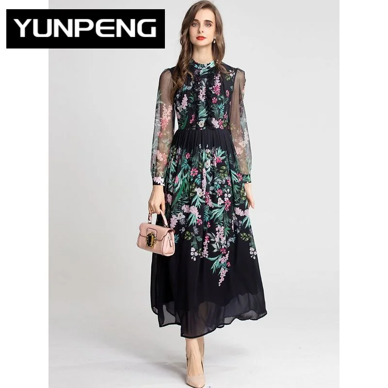 

Summer Women's Dress Mesh Lantern sleeve Lace Floral print Balck Vintage Party Ankle 2023 Runway Luxury Brand High Quality