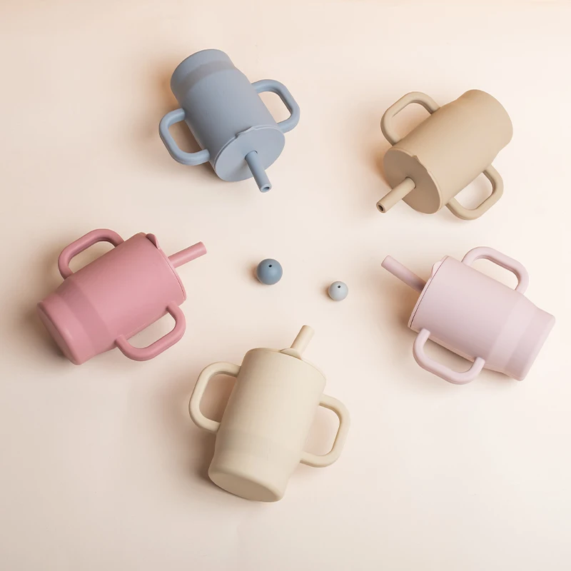 180ml 식품 등급 실리콘  학습용 빨대컵, 이중 손잡이,  훈련용 빨대컵