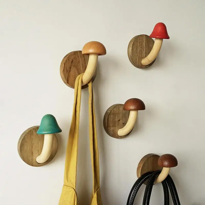 

Wall Hook Wood Clothes Hanger Wall Mounted Coat Hook Adhesive Mushroom Shape Wood Hangers Or Bedroom Living Room Door Corridor