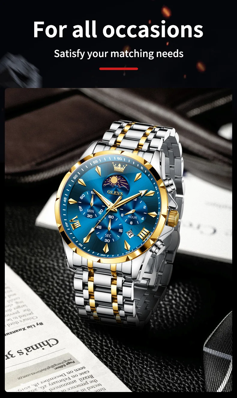 OLEVS 3653 Moon Phase Men Watch Luxury Brand Quartz Watch Fashion Original Waterproof Luminous 24-hour Automatic Date Men Watch