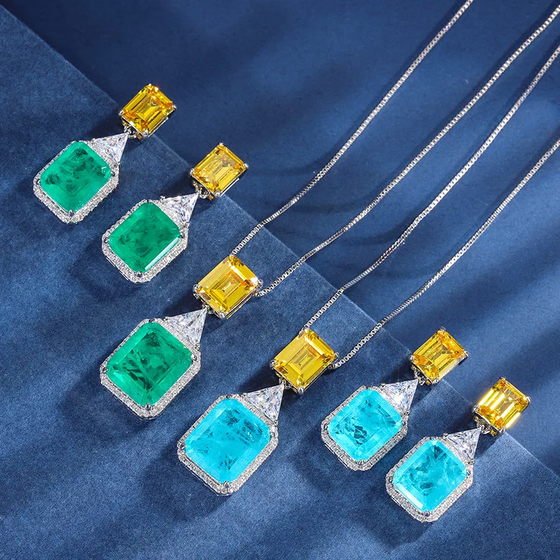 

Vintage Fashion Square Emerald High Carbon Diamond Necklace Earrings Jewelry for Women Birthday Gift Wedding Anniversary Present