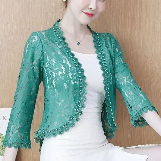 

Lace Short Top with Shawl High-end Hollowed Out Sun Protection Suit 2024 Summer New Versatile Short Jacket for Women Y470