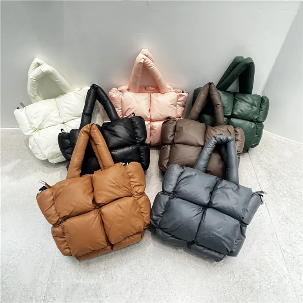 

Puffy Down Tote Bag Luxury Cotton Padded Women Designer Handbag Winter Quilted Shoulder Bag Small Plaid Shopper Bags for Women