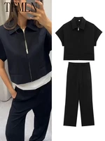 TFMLN Casual Set For Women Summer 2025 New Slim Lapel Zipper Short Sleeve Coat Top Wide Leg Pants Two Piece Set Leisure Black