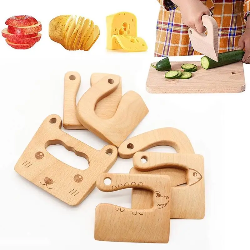 Safe Kitchen Cutting Toy Kids Wooden Cooking CutterFish-Shaped Children's Kitchen Tools Cute Vegetables Fruits Knife Safety for Educational Kitchen Pretend Toys