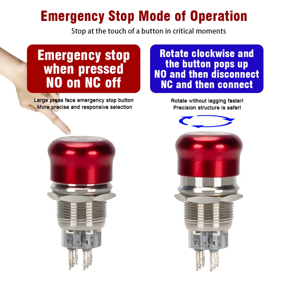 19/22mm Metal Emergency Stop Button Switches 12V 24V 220V Latching Knob Rotary Switch Waterproof Socket Power-off Stop Momentary image 3