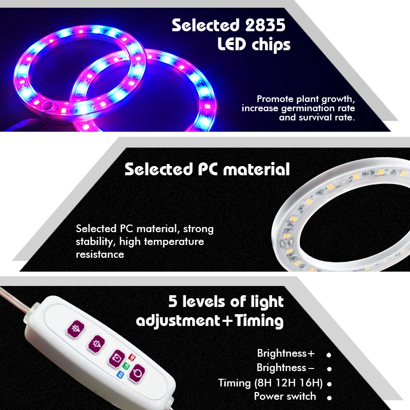 LED Grow Light Full Spectrum Plant Growth Light USB 5V Height Adjustable Dimmable with Timer For Indoor Plants Herb