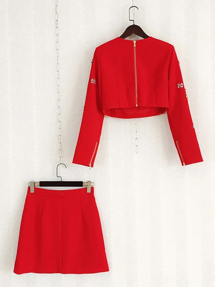 2024 Solid Splice Diamonds Design Sets For Women Round Neck Long Sleeve Short Coat High Waist Skirts Set Female Spring 36A130