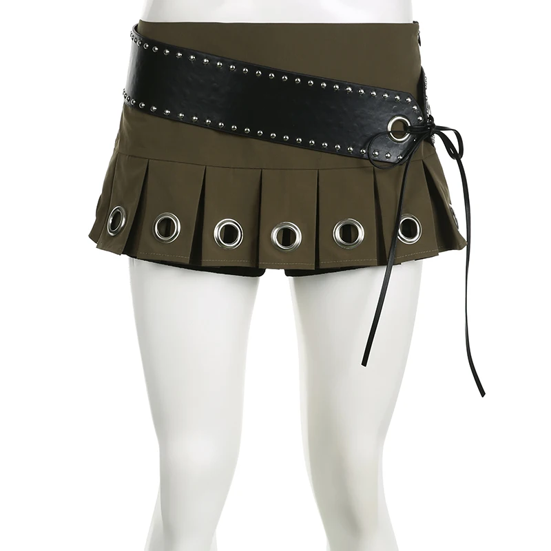 【PORTERNA】Eyelet layered short skirt Chic Eyelet Hole Pleated Super Short Skirt with belt Grunge