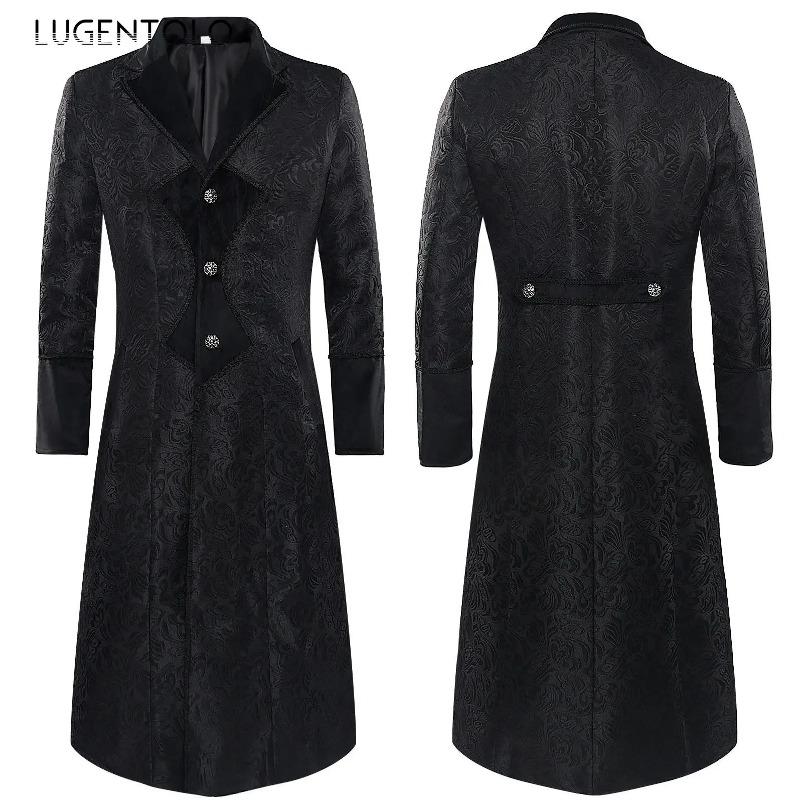 Men Jacquard Trench Punk Medieval Long Coat Retro Casual Single Breasted Lapel Black Male Vintage Party Autumn Jackets Lugentolo